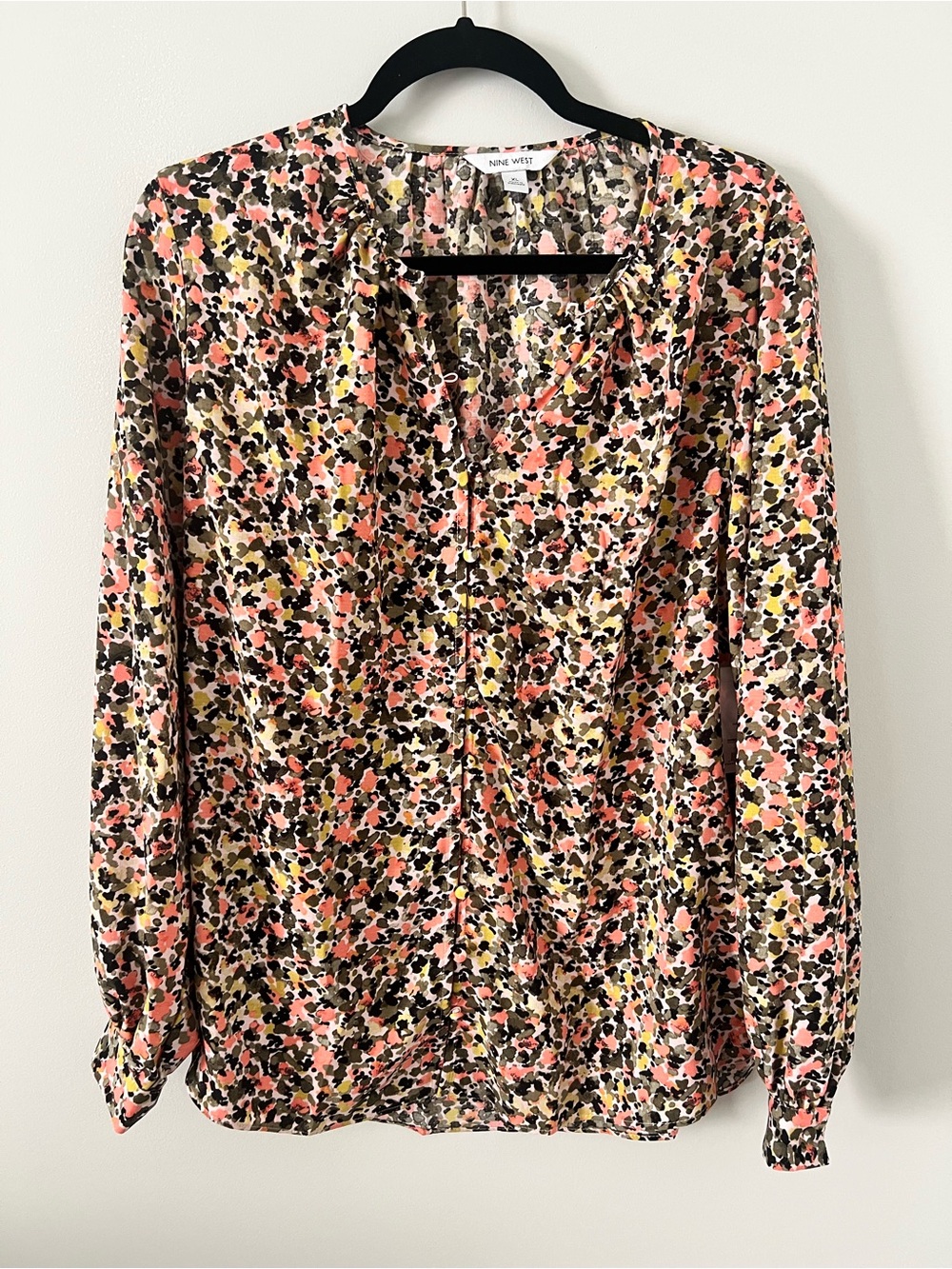 Nine West Coral, Black & Cream Floral-Print Long-Sleeve Blouse